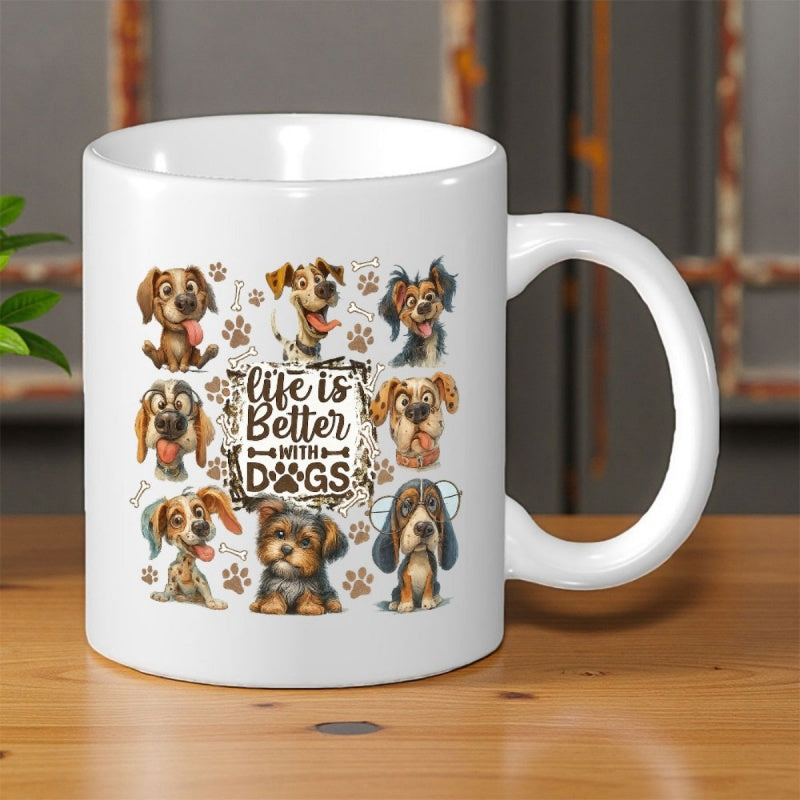 Tailorly White Ceramic 11 oz Mug - Life Is Better With Dogs Adorable Diverse Cartoon Puppies Surrounded By Tiny Paw Prints And Bones Dog