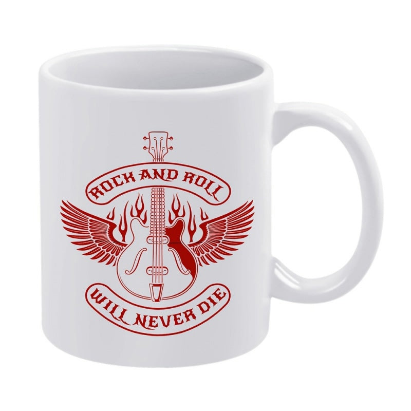 Tailorly White Ceramic 11 oz Mug - Rock And Roll Will Never Die Red Flaming Wings Artistic Vintage Musical Instrument Graphic Guitar