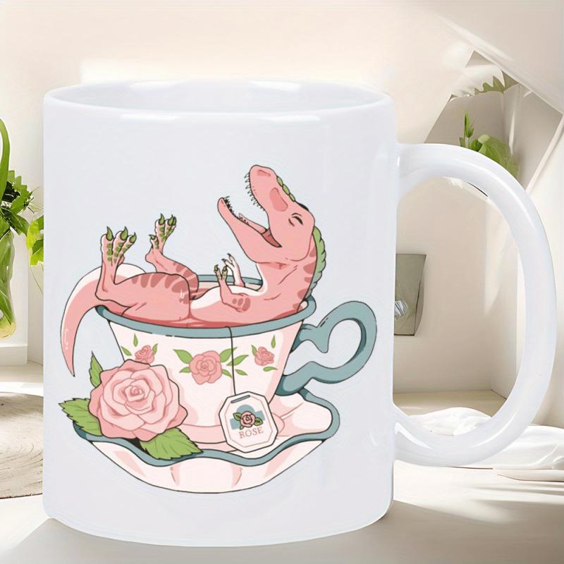 Tailorly White Ceramic 11 oz Mug - Adorable Pink Cartoon Dinosaur Lounging Inside A Floral Vintage Style Teacup Dinosaur