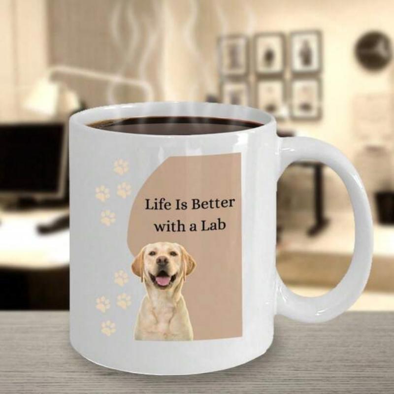Tailorly White Ceramic 11 oz Mug - Life Is Better With A Lab Smiling Yellow Retriever Among Tiny Paw Prints On Beige Background Labrador