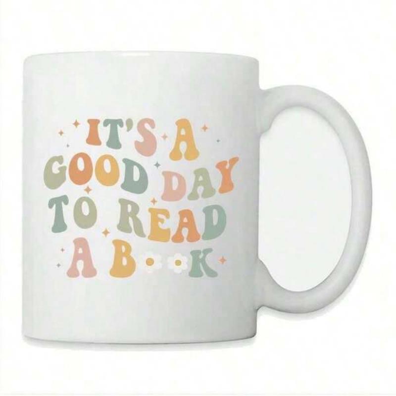 Tailorly White Ceramic 11 oz Mug - Its A Good Day To Read A Book Retro Pastel Groovy Lettering Surrounded By Small Decorative Stars And Flowers Typography