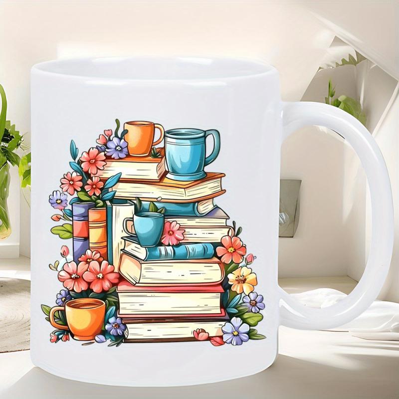 Tailorly White Ceramic 11 oz Mug - Colorful Vintage Stacked Books Among Blooming Flowers And Warm Coffee Cups Books