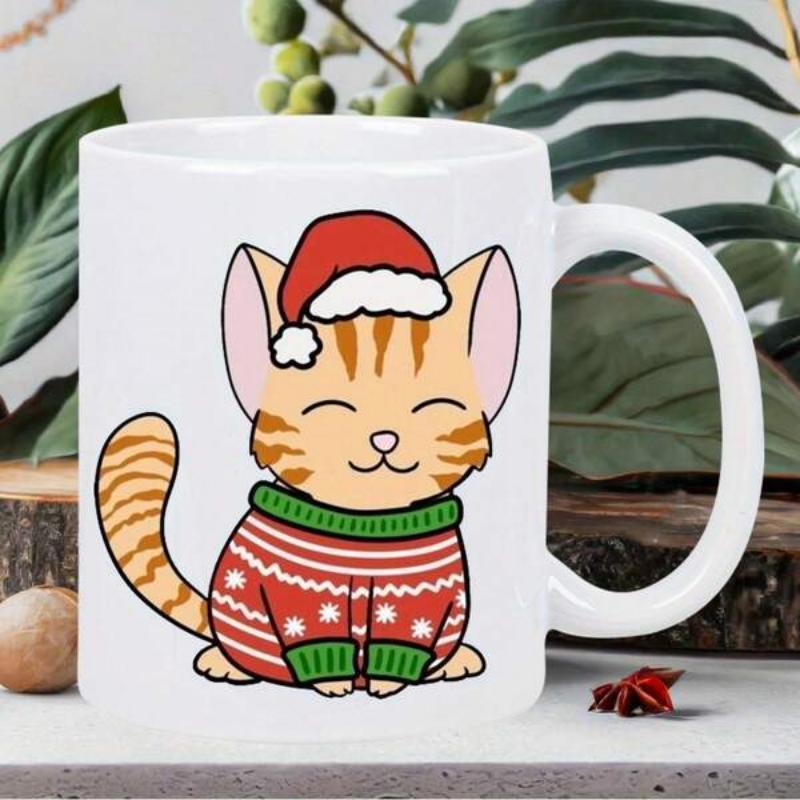 Tailorly White Ceramic 11 oz Mug - Cute Ginger Tabby Wearing Festive Christmas Sweater And Red Santa Hat Cat