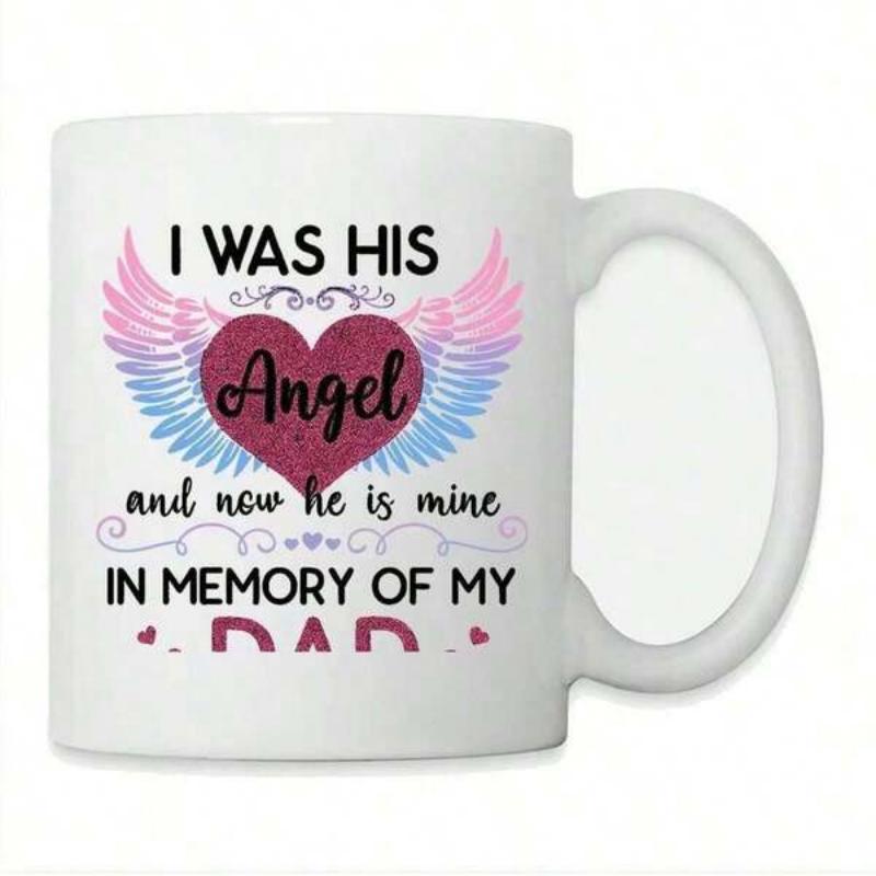 Tailorly White Ceramic 11 oz Mug - I Was His Angel And Now He Is Mine In Memory Of My Dad Pink And Blue Angel Wings Surrounding A Glittery Burgundy Heart