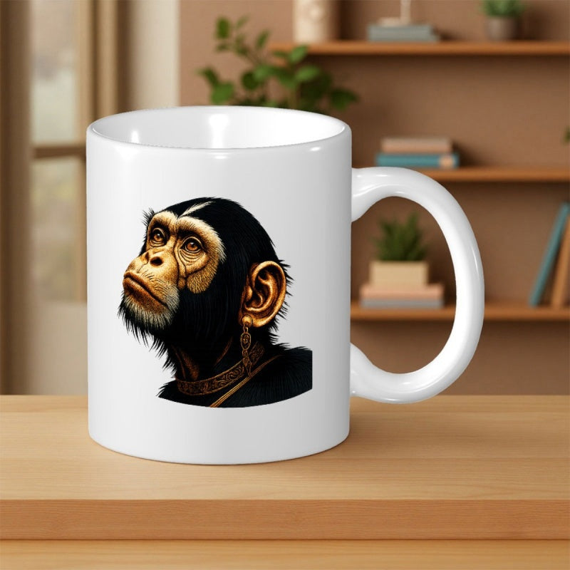 Tailorly White Ceramic 11 oz Mug - Majestic Detailed Realistic Ape Wearing Elegant Gold Jewelry Chimpanzee