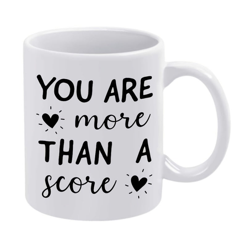 Tailorly White Ceramic 11 oz Mug - You Are More Than A Score Minimalist Black Script Lettering Featuring Radiant Glowing Hearts Mug