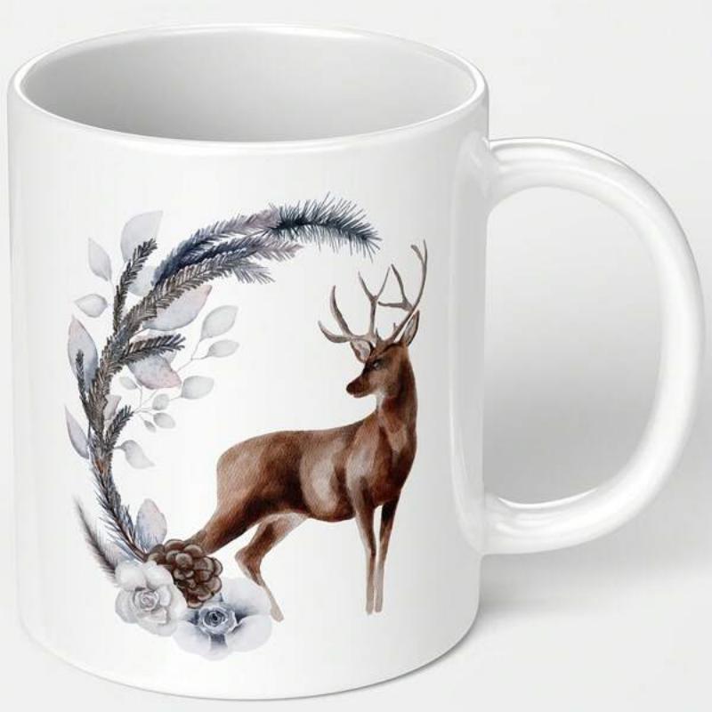 Tailorly White Ceramic 11 oz Mug - Elegant Majestic Buck Standing Within A Delicate Wreath Of Pine Leaves Deer