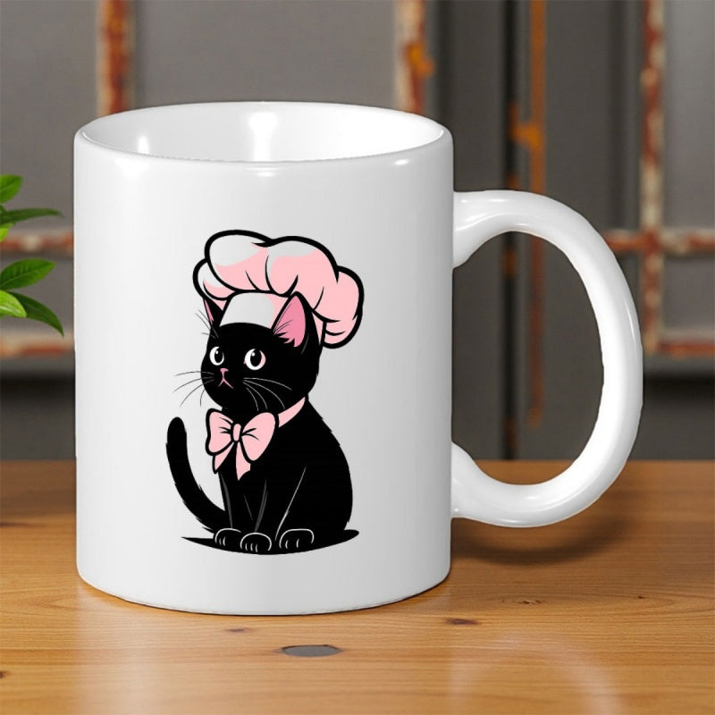 Tailorly White Ceramic 11 oz Mug - Adorable Little Black Kitten Wearing Pink Chef Hat And Bow Tie Cat