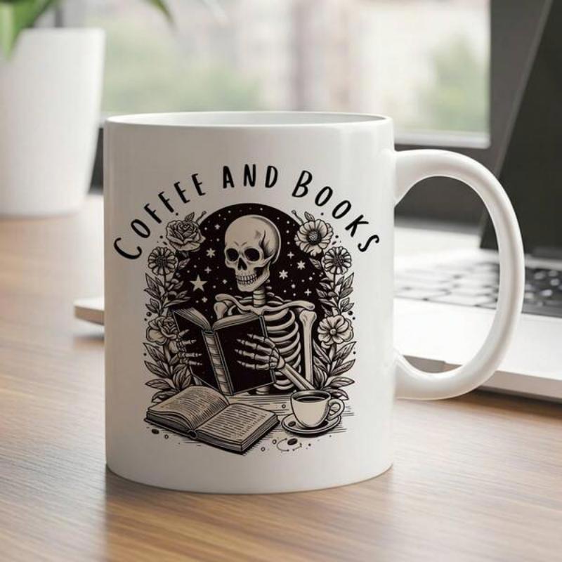 Tailorly White Ceramic 11 oz Mug - Coffee And Books Intricate Skeleton Reading Literature Among Blooming Flowers With Coffee Skeleton