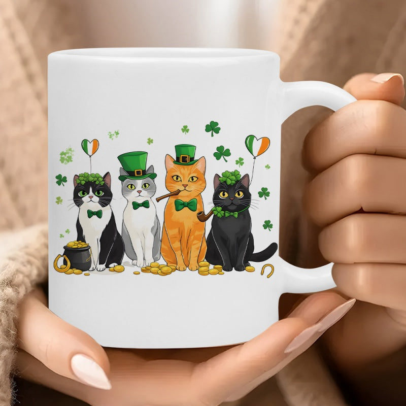 Tailorly White Ceramic 11 oz Mug - Four Festive Cartoon Felines Wearing Green Leprechaun Hats Among Shamrocks Cats