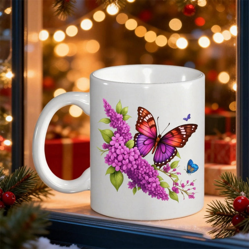 Tailorly White Ceramic 11 oz Mug - Vibrant Colorful Wings Resting Among Purple Blooming Lilac Flowers Butterfly