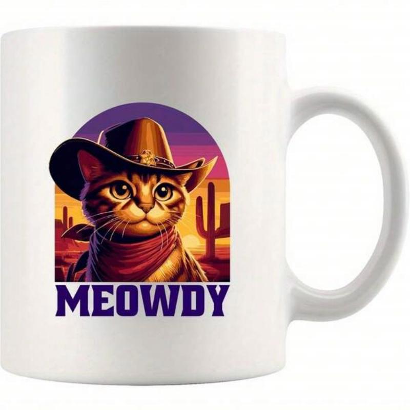 Tailorly White Ceramic 11 oz Mug - Meowdy Adorable Kitten Wearing Brown Cowboy Hat And Red Bandana Against Sunset Kitten