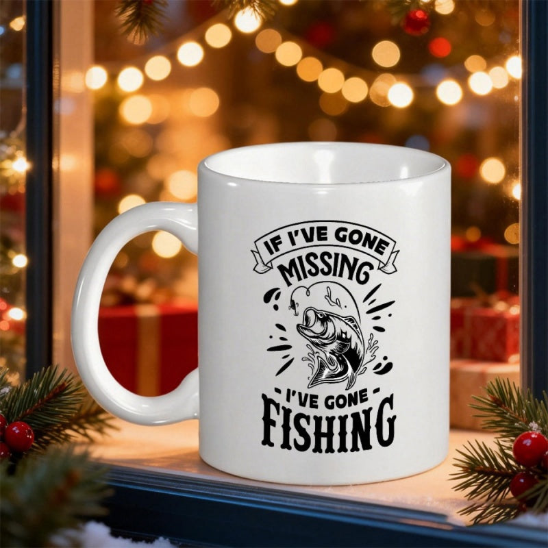 Tailorly White Ceramic 11 oz Mug - If I've Gone Missing I've Gone Fishing Jumping Bass Wearing A Fisherman Hat Among Water Splashes Fish
