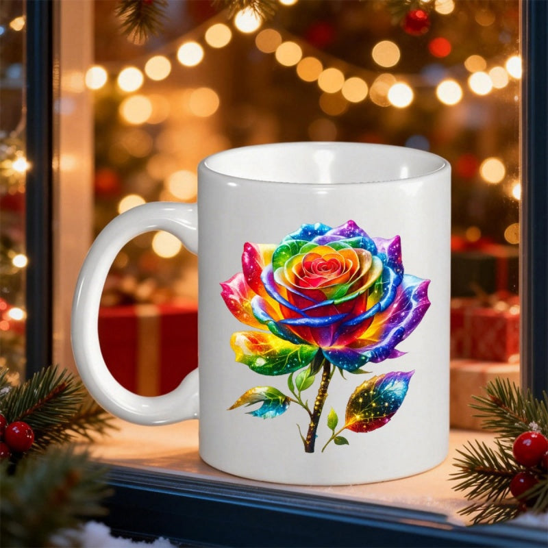 Tailorly White Ceramic 11 oz Mug - Vibrant Rainbow Colored Rose Blooming With Cosmic Sparkles And Artistic Petals Rose