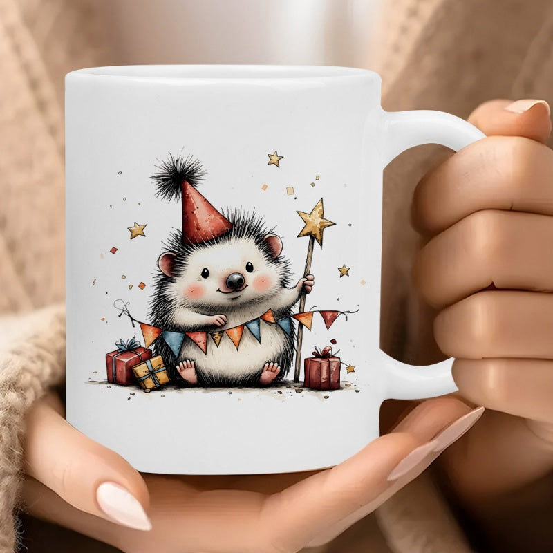 Tailorly White Ceramic 11 oz Mug - Adorable Tiny Hedgehog Wearing Red Party Hat Surrounded By Festive Gift Boxes Hedgehog