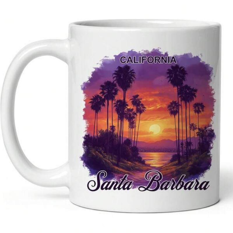 Tailorly White Ceramic 11 oz Mug - California Santa Barbara Vibrant Watercolor Style Palm Trees Against A Tropical Purple Ocean Sunset