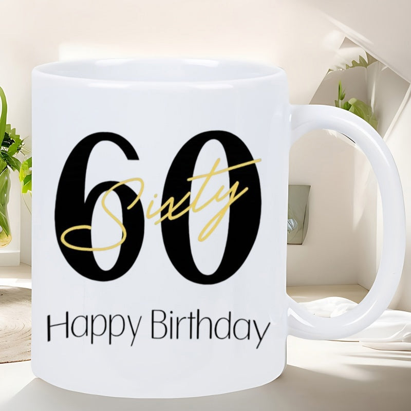 Tailorly White Ceramic 11 oz Mug - Happy Birthday Sixty Elegant Golden Script Overlapping Bold Black Minimalist Style Numeric Design Anniversary Mug