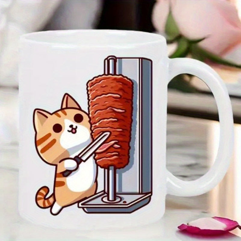 Tailorly White Ceramic 11 oz Mug - Adorable Ginger Tabby Cat Slicing Seasoned Meat On Vertical Rotisserie Grill Cat