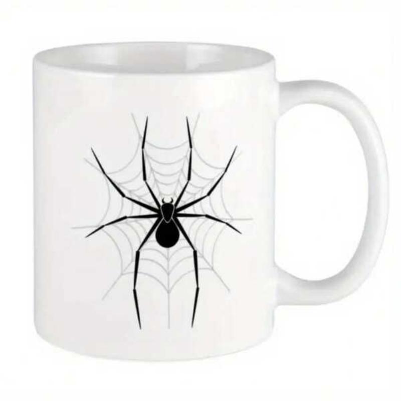 Tailorly White Ceramic 11 oz Mug - Sharp Black Long Legged Creature Resting Upon Intricate Geometric Silken Web Spider