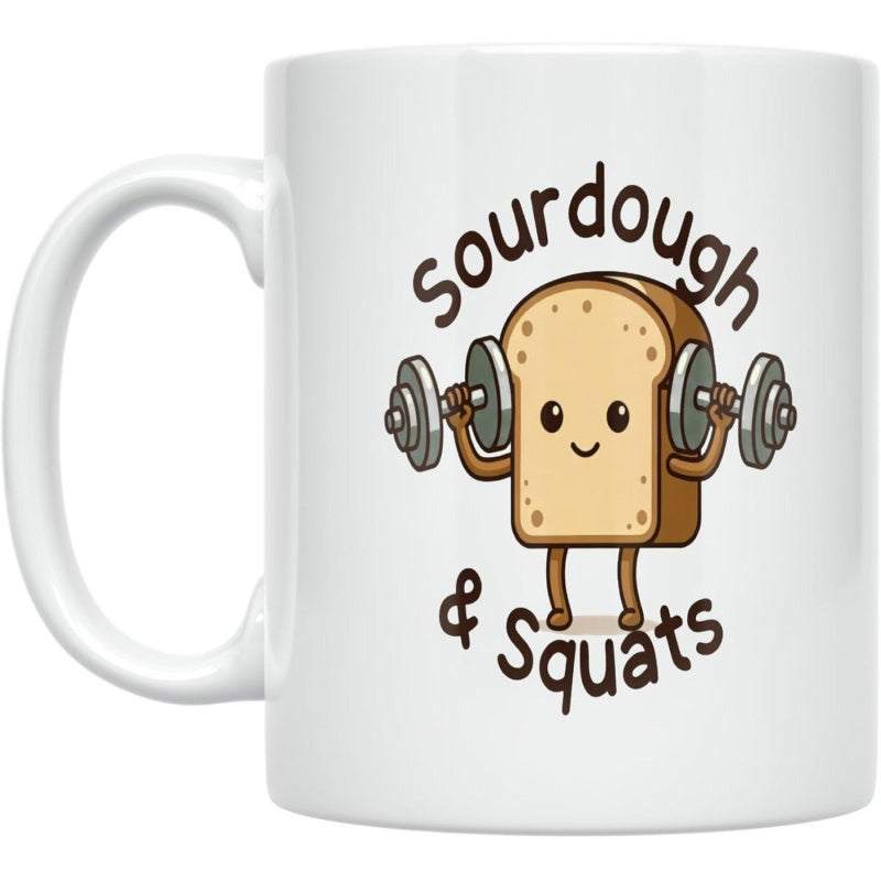 Tailorly White Ceramic 11 oz Mug - Sourdough Squats Cute Smiling Cartoon Toast Lifting Heavy Metal Gym Weightlifting Dumbbells Bread