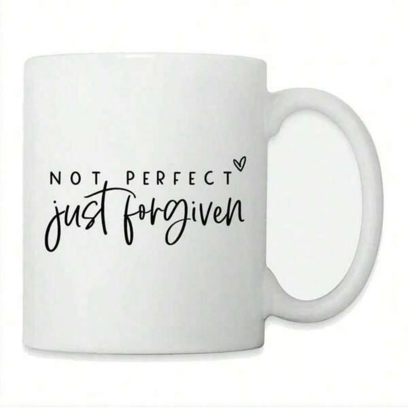 Tailorly White Ceramic 11 oz Mug - Not Perfect Just Forgiven Minimalist Black Ink Typography Featuring A Small Hand Drawn Heart