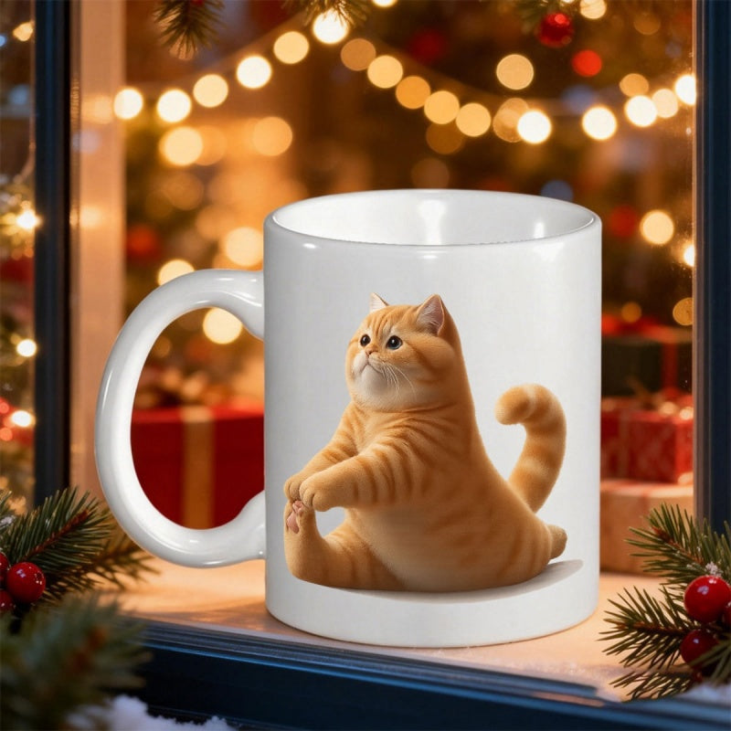 Tailorly White Ceramic 11 oz Mug - Cute Chubby Ginger Tabby Stretching In A Yoga Cobra Pose Cat
