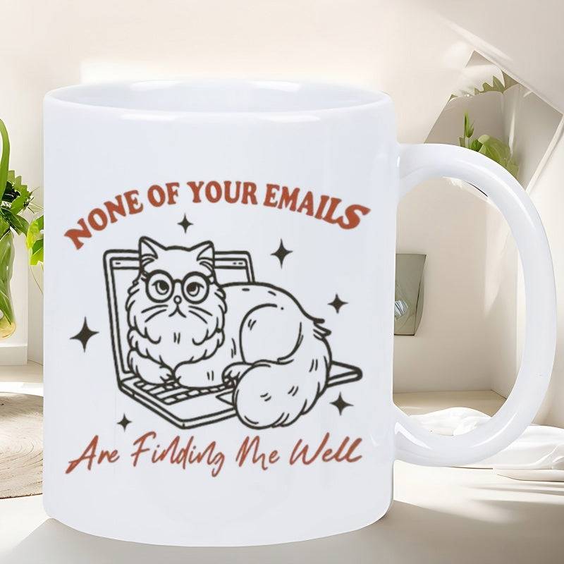 Tailorly White Ceramic 11 oz Mug - None Of Your Emails Are Finding Me Well Fluffy Longhaired Feline Wearing Round Glasses Sitting On Open Laptop Computer Keyboard