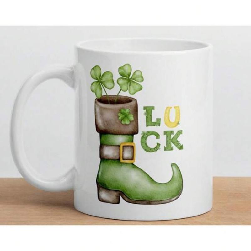 Tailorly White Ceramic 11 oz Mug - Luck Festive Green Leprechaun Boot With Lucky Clovers And Buckle Boot