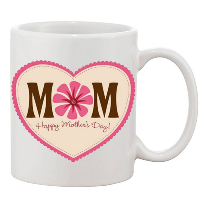 Tailorly White Ceramic 11 oz Mug - Mom Happy Mother's Day Pink Scalloped Border Featuring A Central Delicate Pink Flower Heart