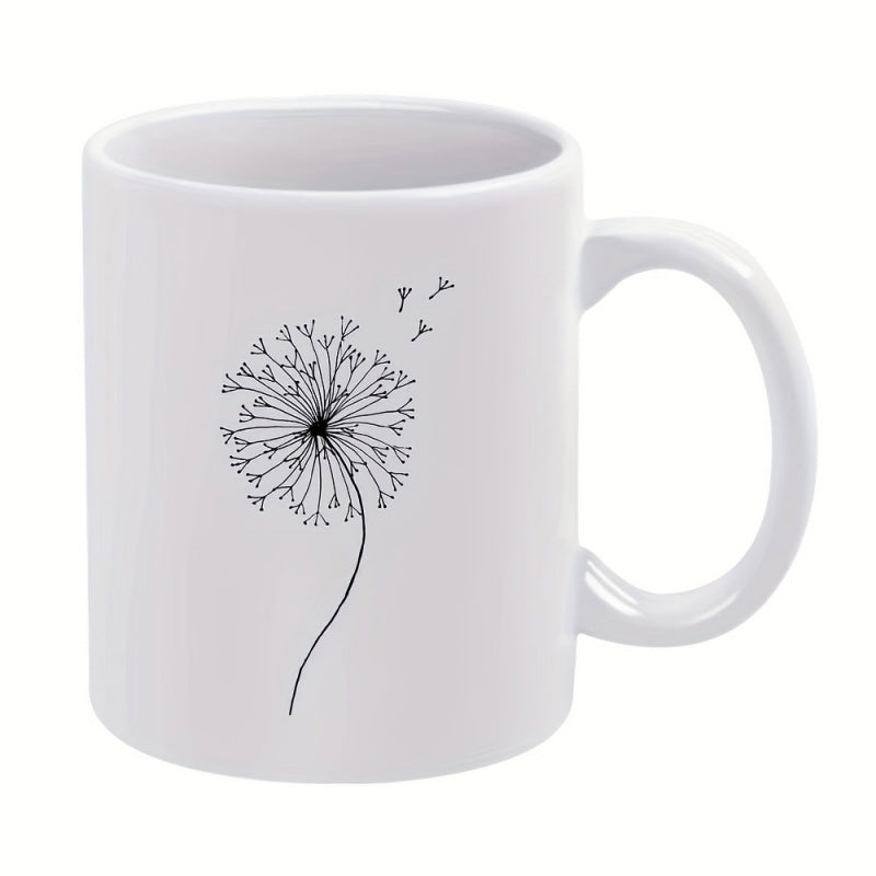 Tailorly White Ceramic 11 oz Mug - Minimalist Black Line Art Seeds Blowing Gently In The Soft Summer Breeze Dandelion