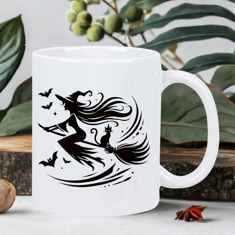 Tailorly White Ceramic 11 oz Mug - Mystical Black Halloween Silhouette Flying On Broomstick Among Bats And Cat Witch