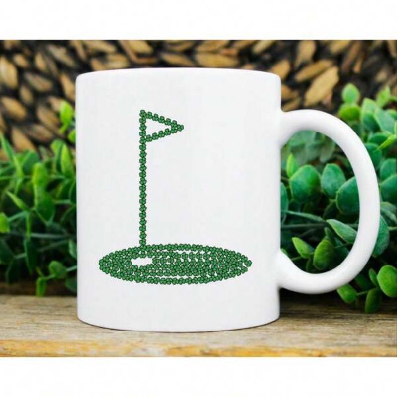 Tailorly White Ceramic 11 oz Mug - Minimalist Green Golf Flag Standing Inside A Hole On Putting Green Flag