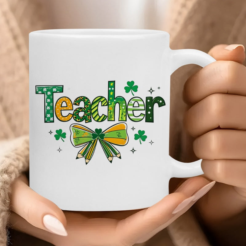 Tailorly White Ceramic 11 oz Mug - Teacher Vibrant Green Patterned Letters With Clovers And Pencil Bow Festive Mug