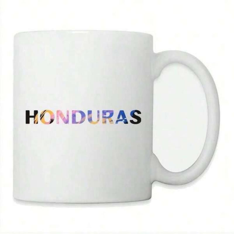 Tailorly White Ceramic 11 oz Mug - Honduras Vibrant Colorful Sunset Landscape Texture Within Bold Capitalized Letters
