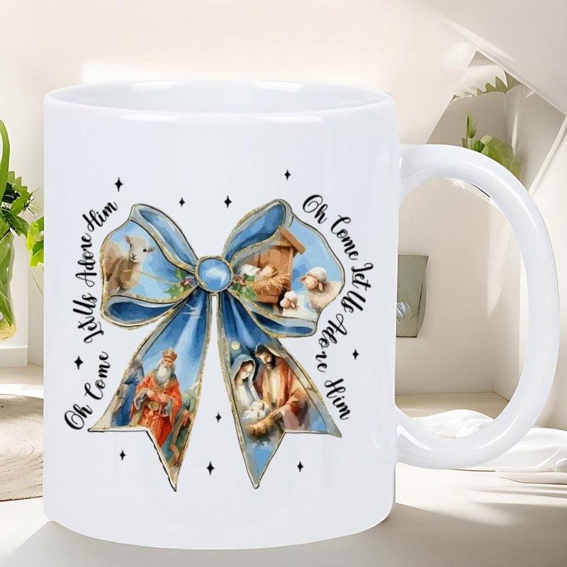 Tailorly White Ceramic 11 oz Mug - Oh Come Let Us Adore Him Elegant Blue Ribbon Featuring Traditional Religious Scenes Of The Holy Family Bow
