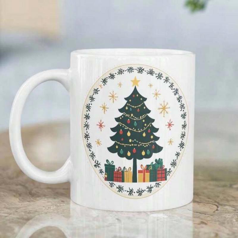 Tailorly White Ceramic 11 oz Mug - Festive Decorated Evergreen With Sparkling Stars And Colorful Gift Boxes Christmas Tree