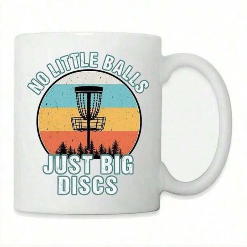 Tailorly White Ceramic 11 oz Mug - No Little Balls Just Big Discs Vintage Retro Sunset Circle With Disc Golf Goal Post And Pine Trees Mug