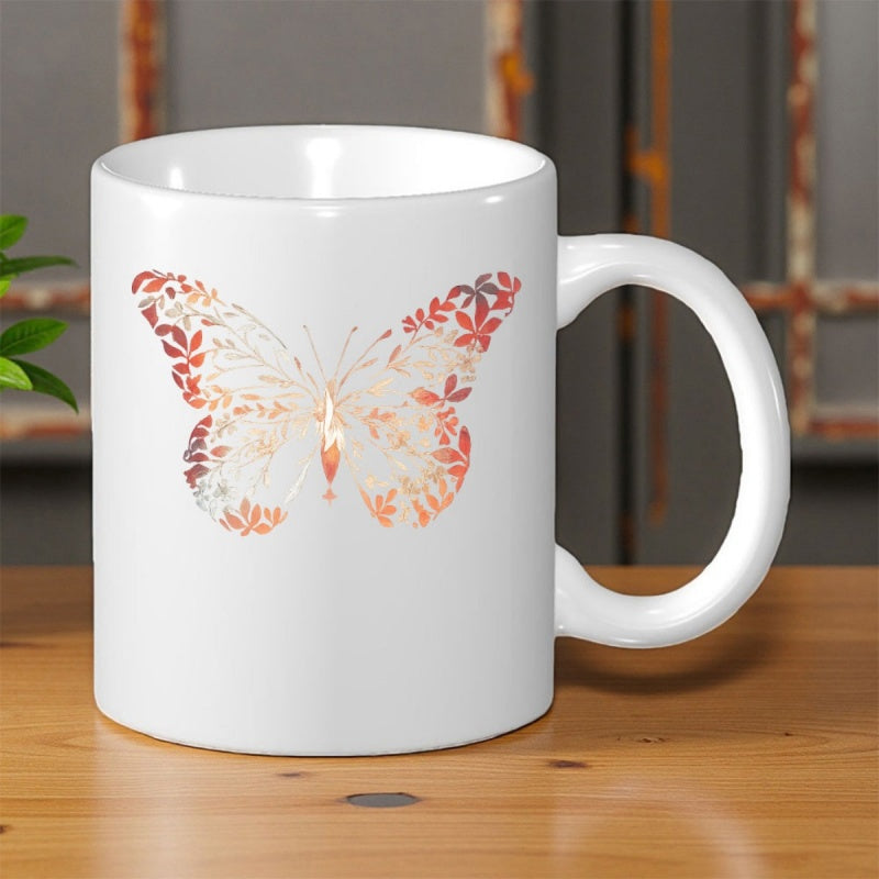 Tailorly White Ceramic 11 oz Mug - Delicate Floral Pattern Inside Wings Of A Graceful Flying Nature Inspired Butterfly