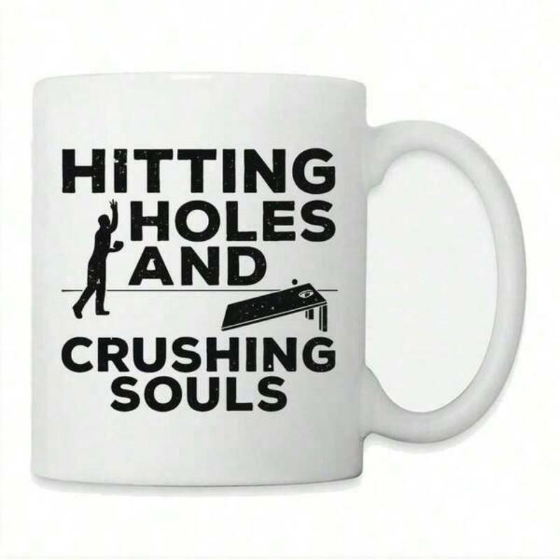 Tailorly White Ceramic 11 oz Mug - Hitting Holes And Crushing Souls Professional Player Aiming For Goal On Classic Wooden Board Silhouette