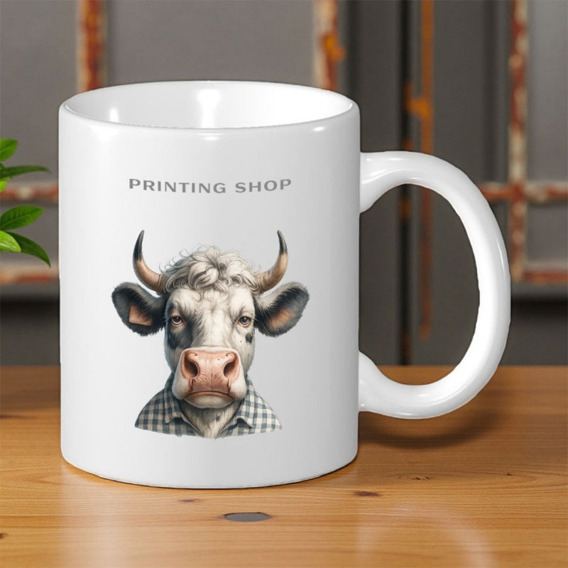 Tailorly White Ceramic 11 oz Mug - Printing Shop Rustic Farm Animal Wearing A Checkered Plaid Shirt Standing Calmly Cow