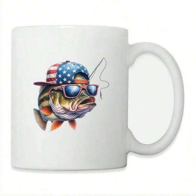Tailorly White Ceramic 11 oz Mug - Cool Patriotic Fish Wearing American Flag Hat And Blue Sunglasses Fish