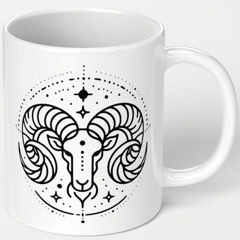 Tailorly White Ceramic 11 oz Mug - Celestial Geometric Line Art Design With Curved Horns And Twinkling Stars Ram