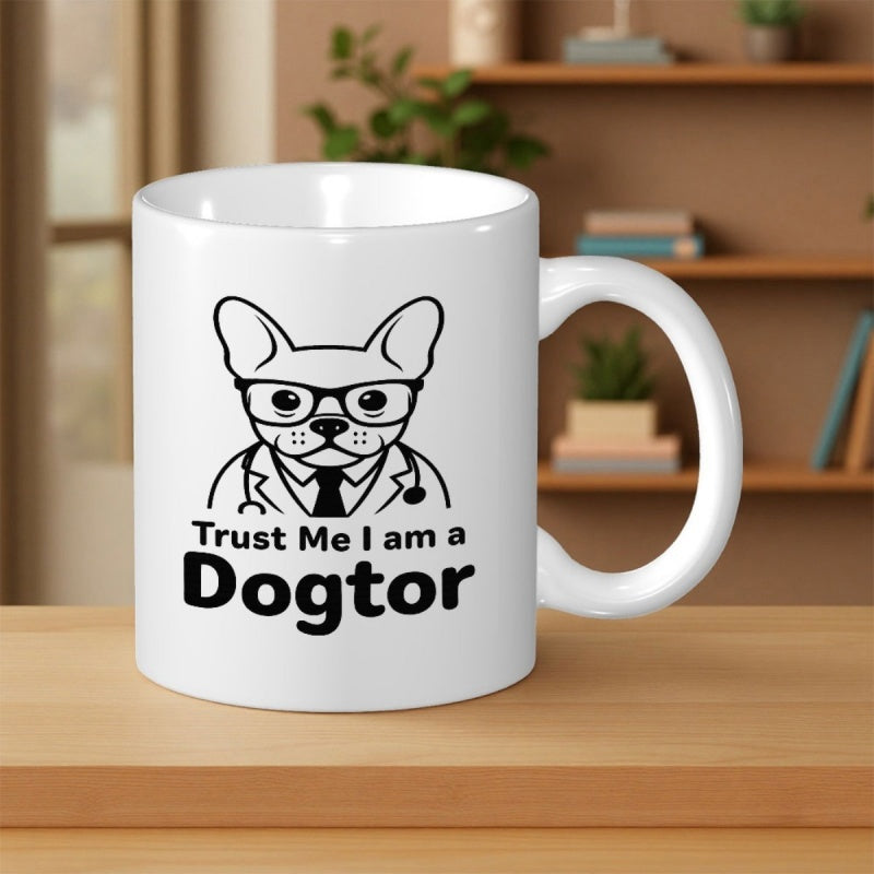 Tailorly White Ceramic 11 oz Mug - Trust Me I am a Dogtor Wearing Professional Glasses And Stethoscope Dressed In Formal Attire Dog