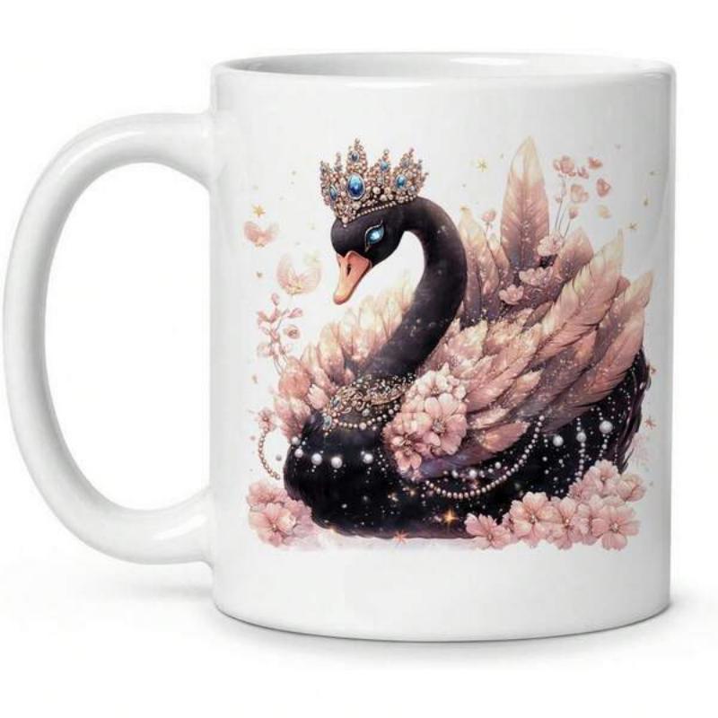 Tailorly White Ceramic 11 oz Mug - Elegant Shimmering Black Swan Wearing Jeweled Crown Among Pink Crystal Flowers Swan