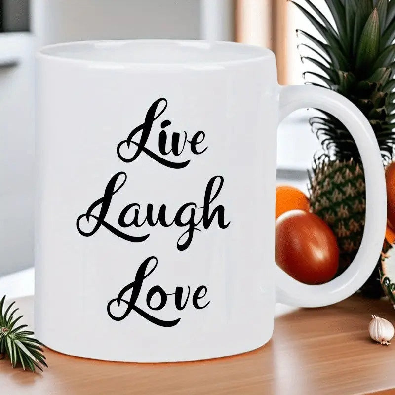 Tailorly White Ceramic 11 oz Mug - Live Laugh Love Elegant Calligraphy Script On A Minimalist Smooth Ceramic Surface Mug