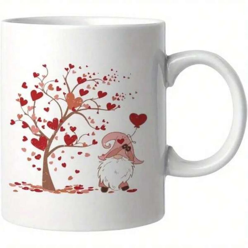 Tailorly White Ceramic 11 oz Mug - Charming Tree With Heart Leaves Standing Beside A Cute Festive Gnome