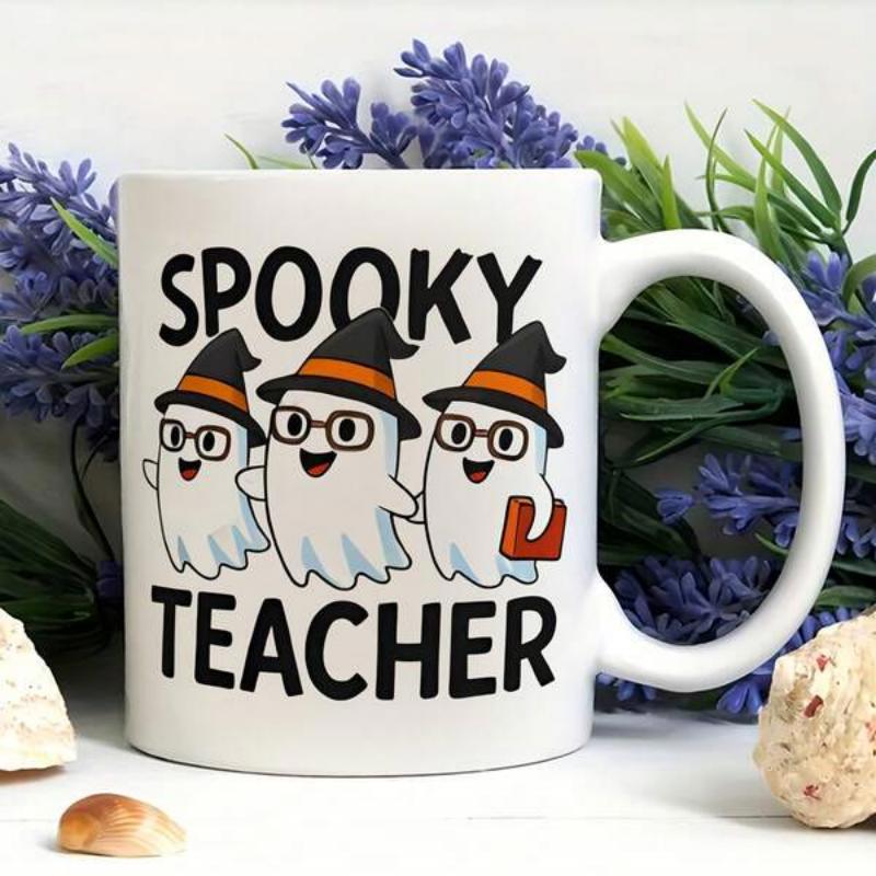 Tailorly White Ceramic 11 oz Mug - Spooky Teacher Three Cute Cartoon Ghosts Wearing Witch Hats And Reading Red Book Ghost