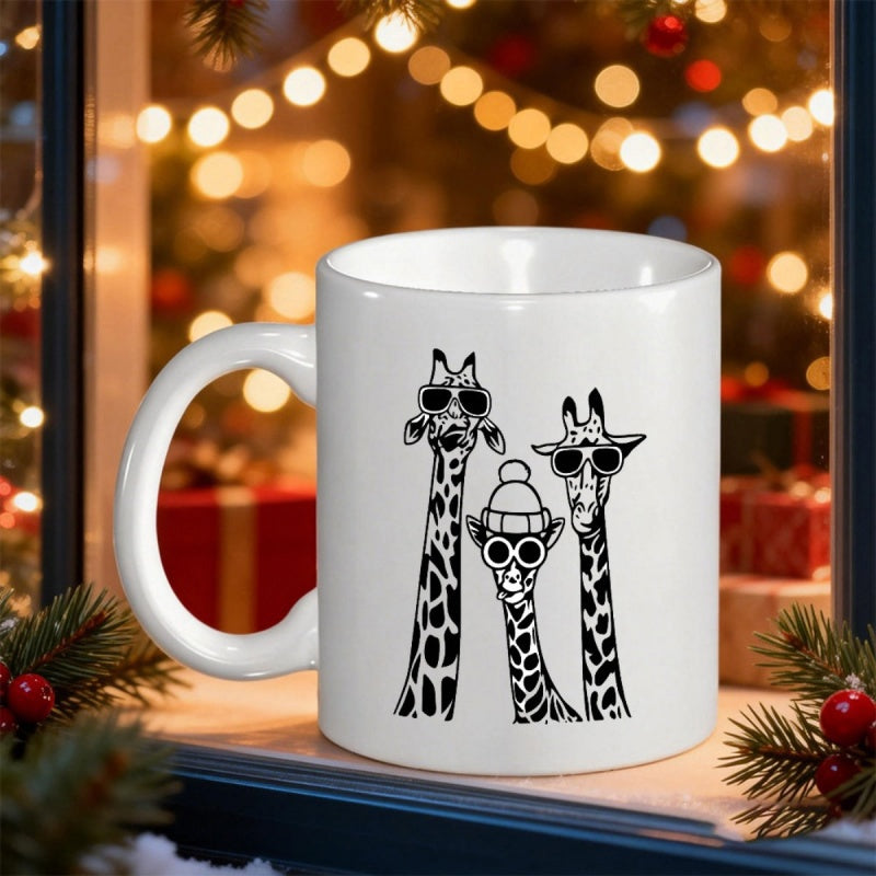 Tailorly White Ceramic 11 oz Mug - Playful Black Minimalist Line Art With Cool Sunglasses And Winter Beanie Giraffe