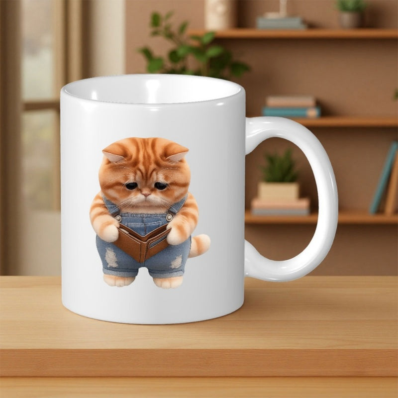 Tailorly White Ceramic 11 oz Mug - Sad Ginger Kitten Wearing Blue Denim Overalls Holding Small Wallet Cat