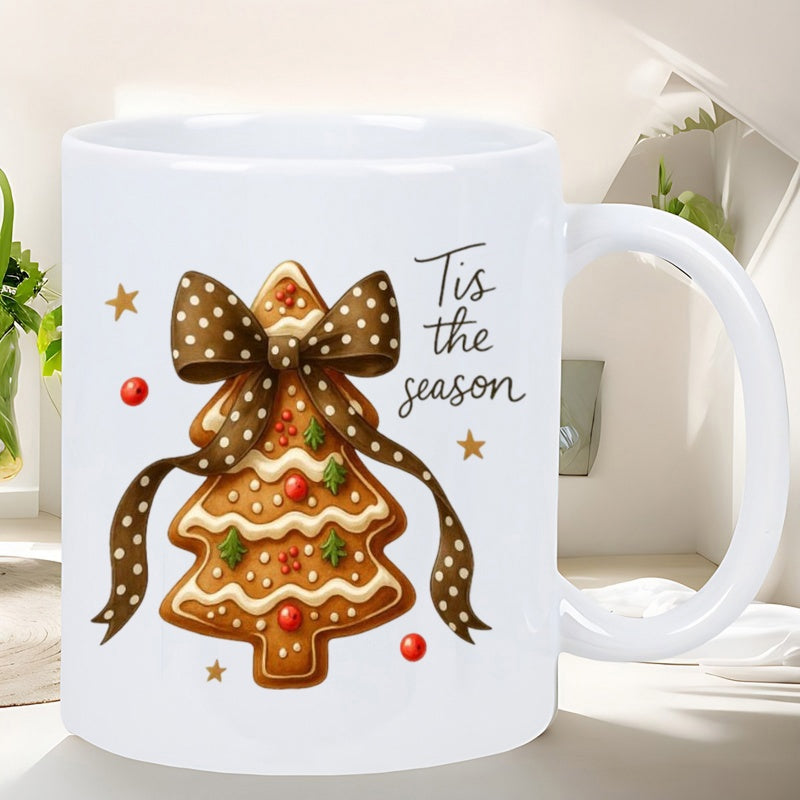 Tailorly White Ceramic 11 oz Mug - Tis The Season Gingerbread Christmas Tree Decorated With Brown Polka Dot Bow And Stars Mug